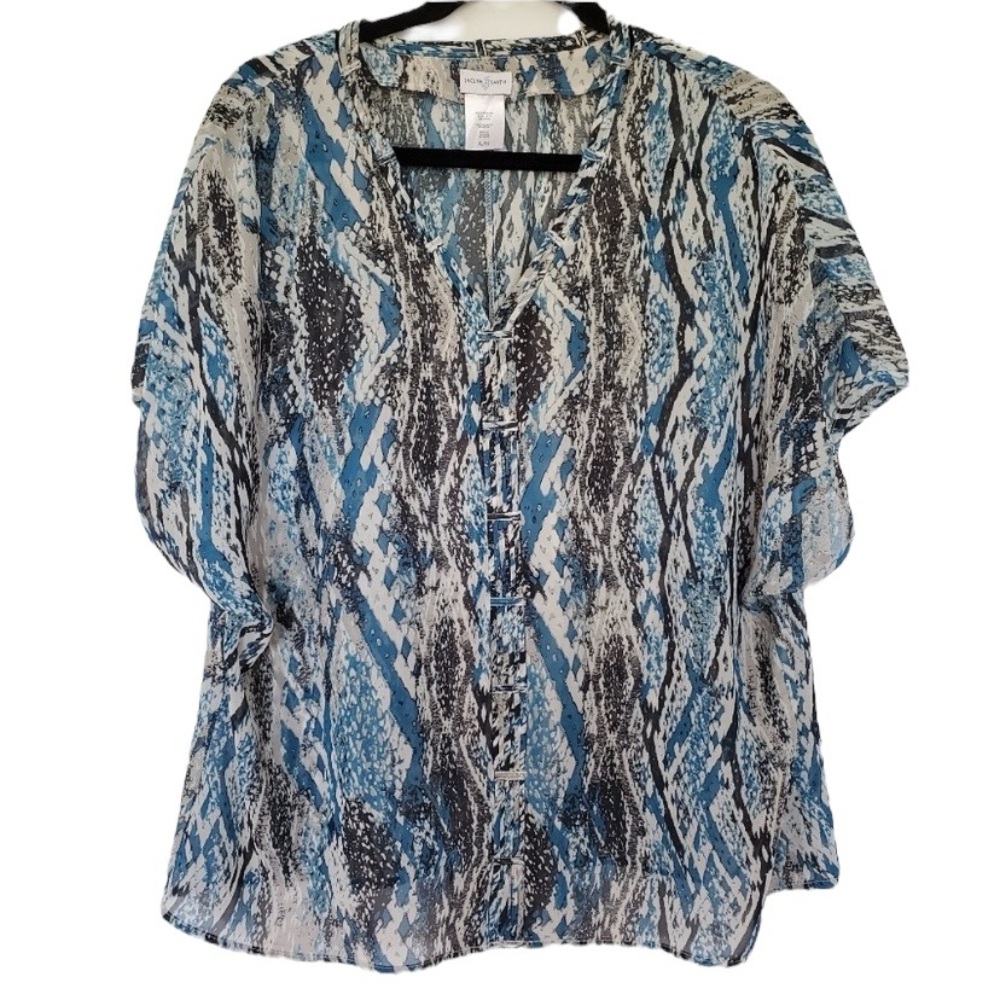 Jacklyn Smith Blue Snakeskin Print Blouse Sheer Short Sleeve Size XL